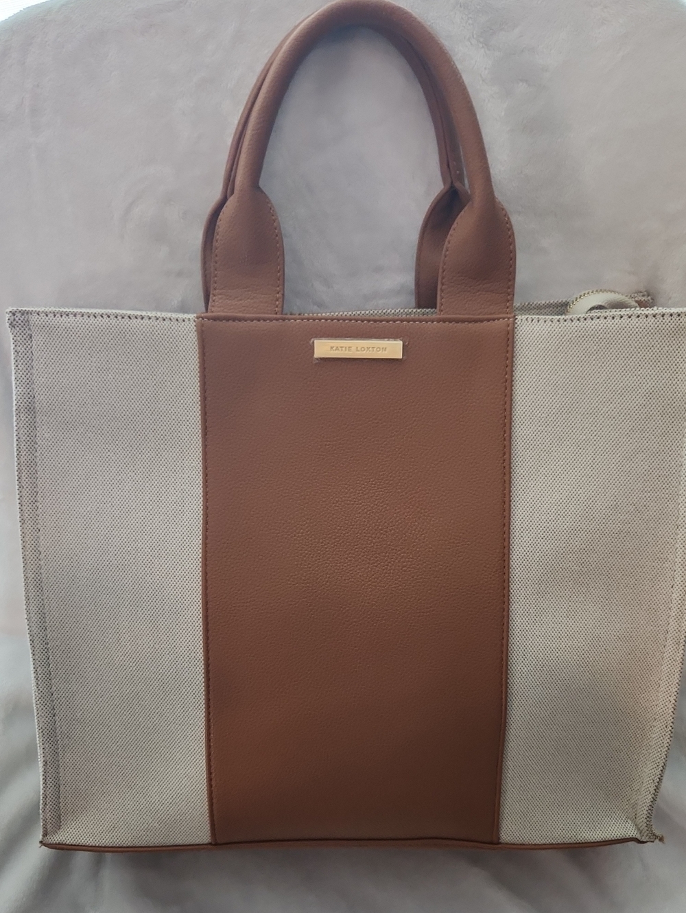 Katie Loxton  Cream Canvas Tote with Tan Leather Center